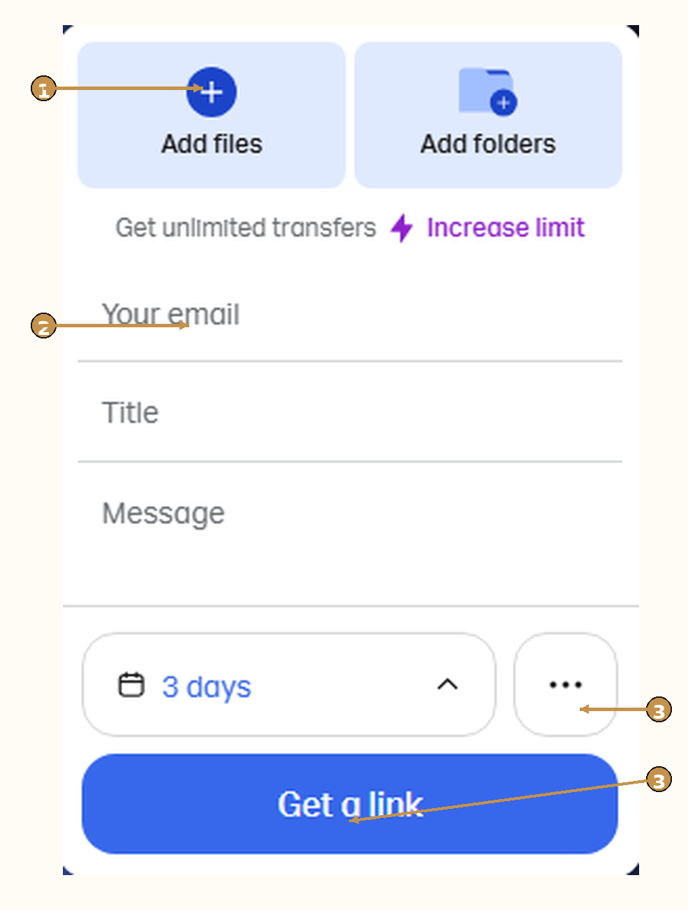 WeTransfer: add files, enter your email, then Get a link